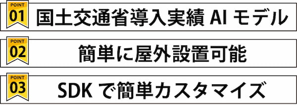 導⼊実績のある国⼟交通省仕様の「画像認識型交通量観測装置」と同様のAIモデル を採用した簡単に屋外設置が可能なAIカメラで人数カウントが可能です 導⼊実績のある国⼟交通省仕様の「画像認識型交通量観測装置」と同様のAIモデル を採用した簡単に屋外設置が可能なAIカメラで人数カウントが可能です
